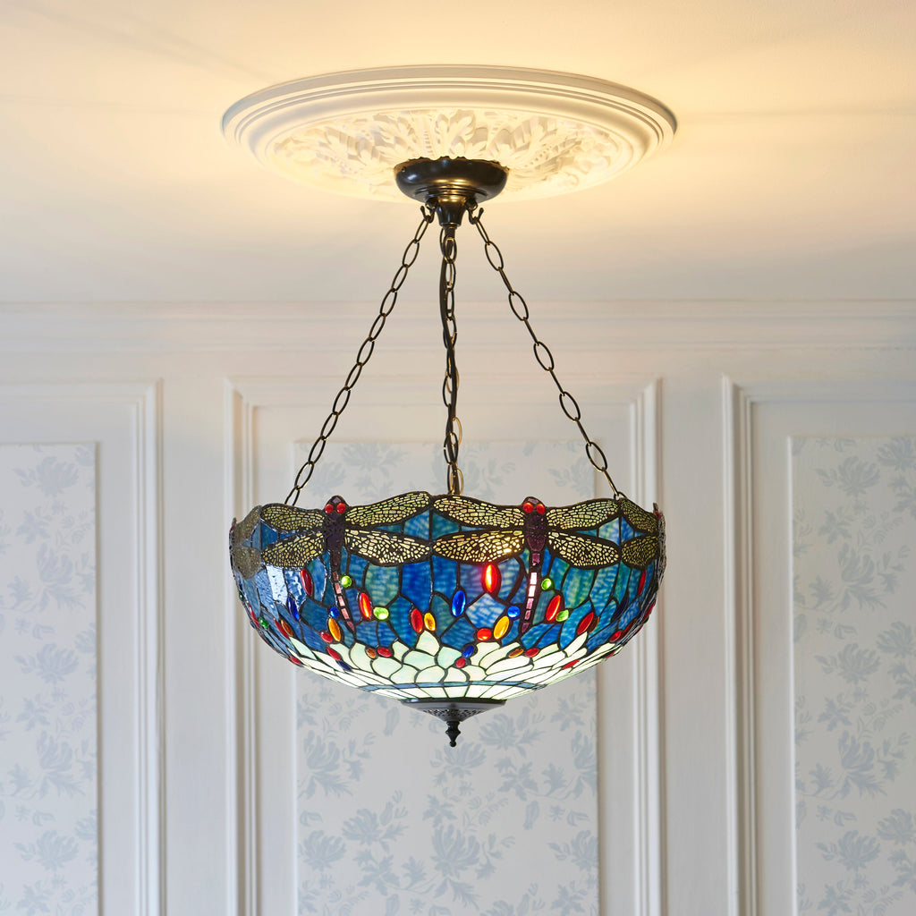 Luce da soffitto Tiffany Invertita Grande Libellula Blu