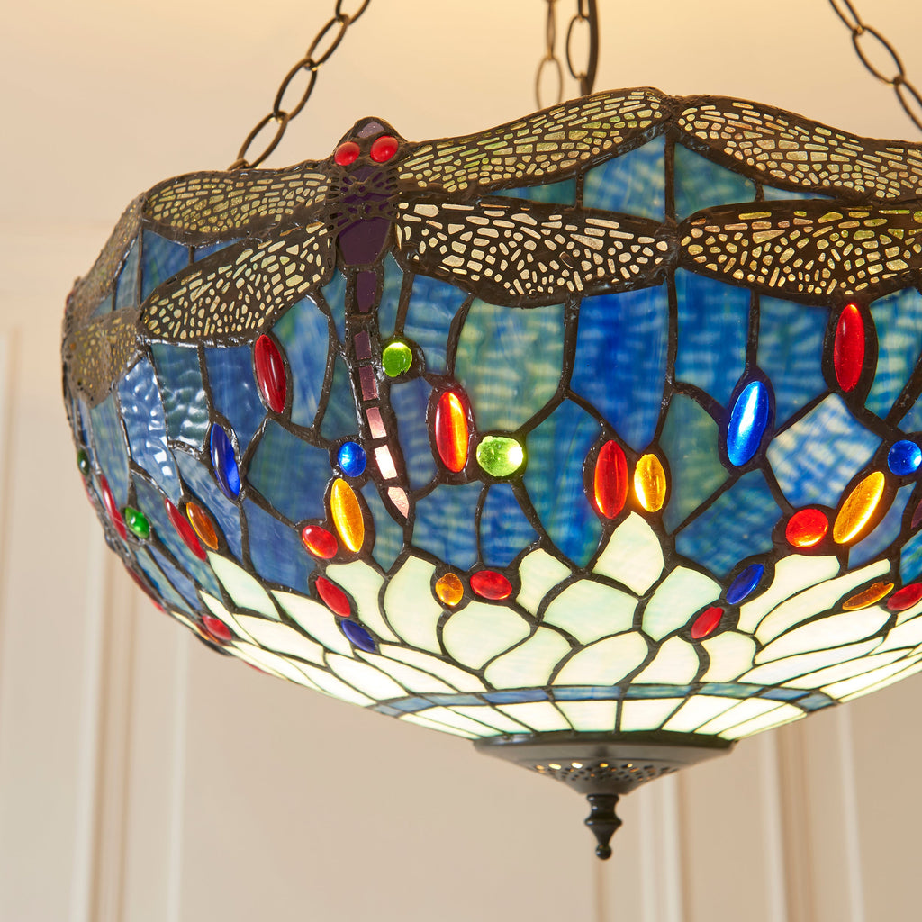 Luce da soffitto Tiffany Invertita Grande Libellula Blu