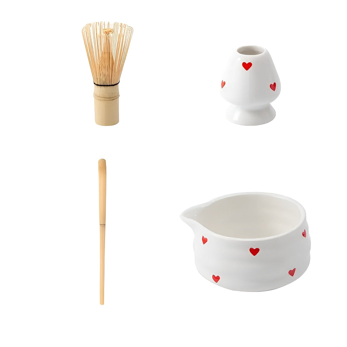Ciotola per Matcha con design a cuore – 4/5 pezzi con versatore e frusta in bambù | Ideale per uso domestico