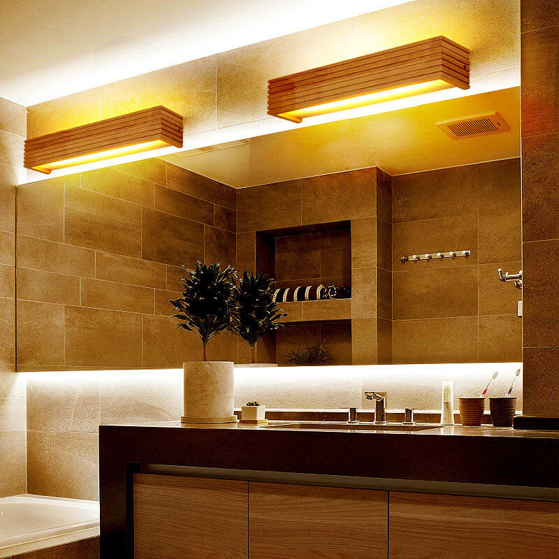 Specchio da trucco LED rettangolare tradizionale giapponese a strisce in legno da parete per camera da letto