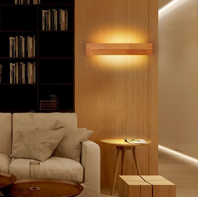 Specchio da trucco LED rettangolare tradizionale giapponese a strisce in legno da parete per camera da letto