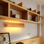 Specchio da trucco LED rettangolare tradizionale giapponese a strisce in legno da parete per camera da letto
