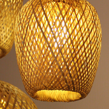 Lampada a sospensione rotonda in ferro e bambù vintage tradizionale con 1 luce per soggiorno
