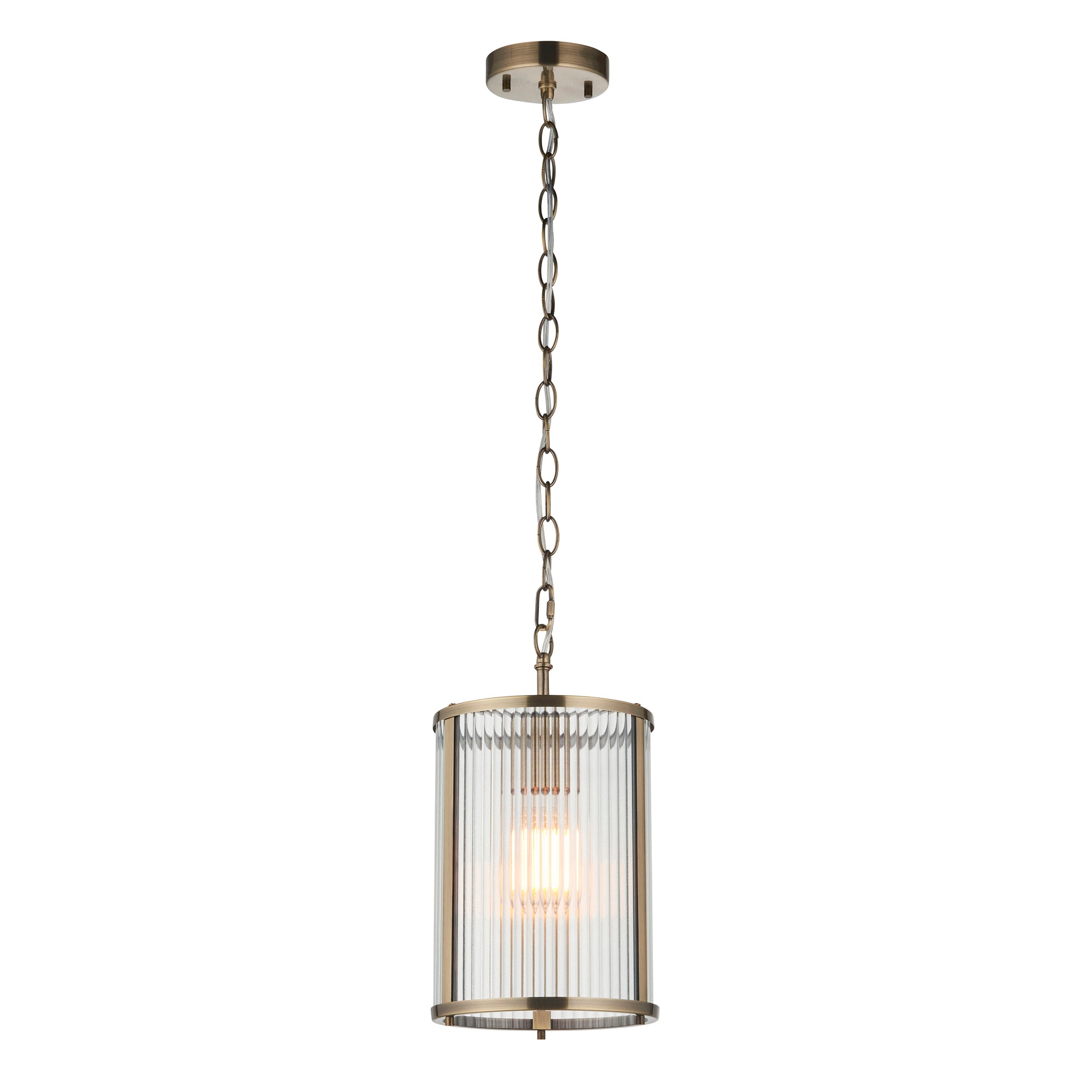 Ridgeton Pendant in Ottone Antico con Paralume in Vetro Rigato