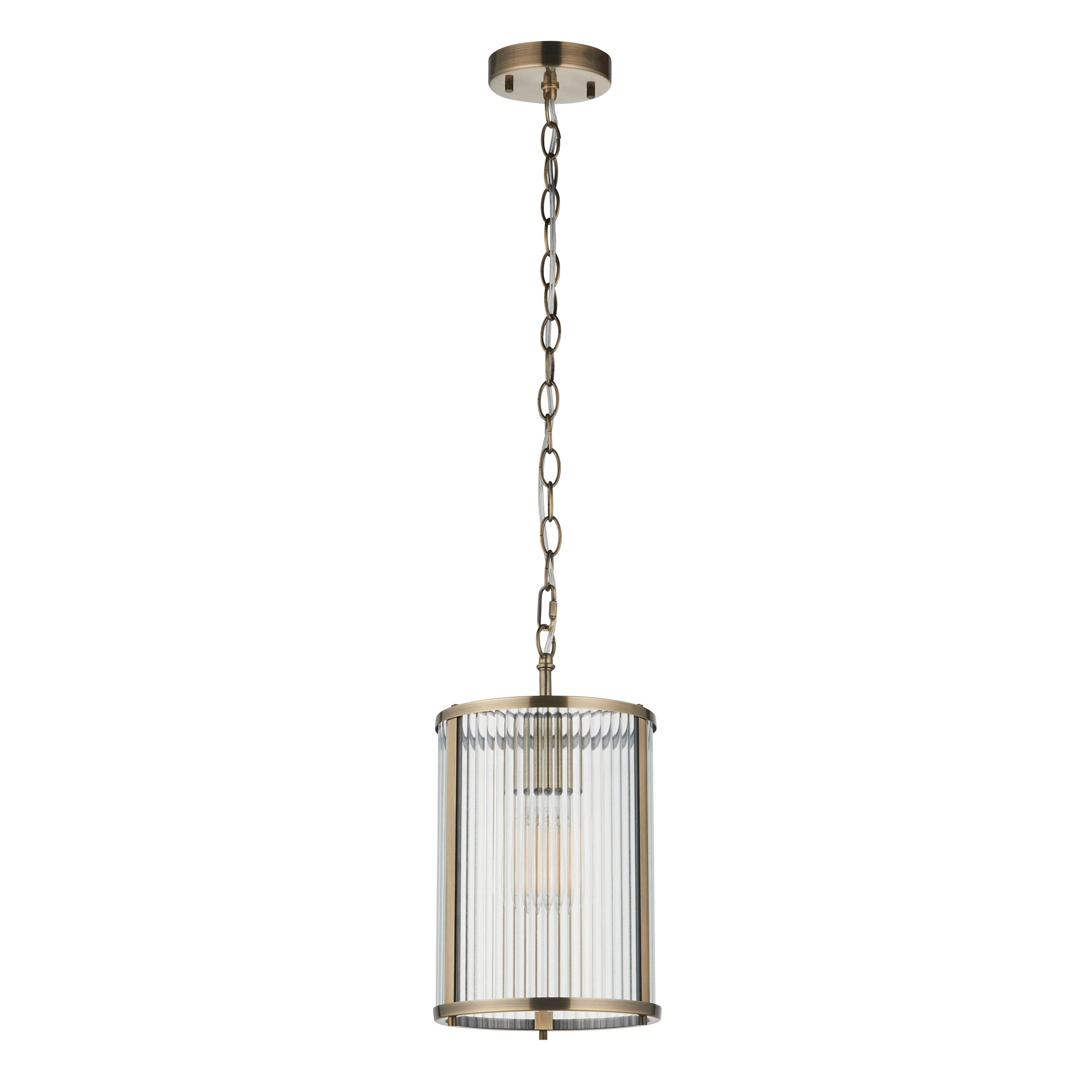 Ridgeton Pendant in Ottone Antico con Paralume in Vetro Rigato