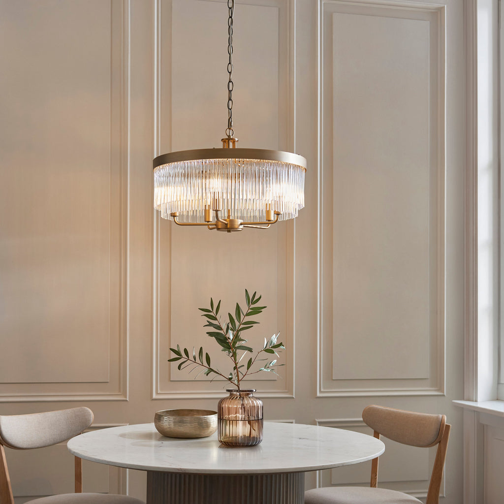 Lampadario in Ottone Clermont a 5 Luci - Aste di Vetro