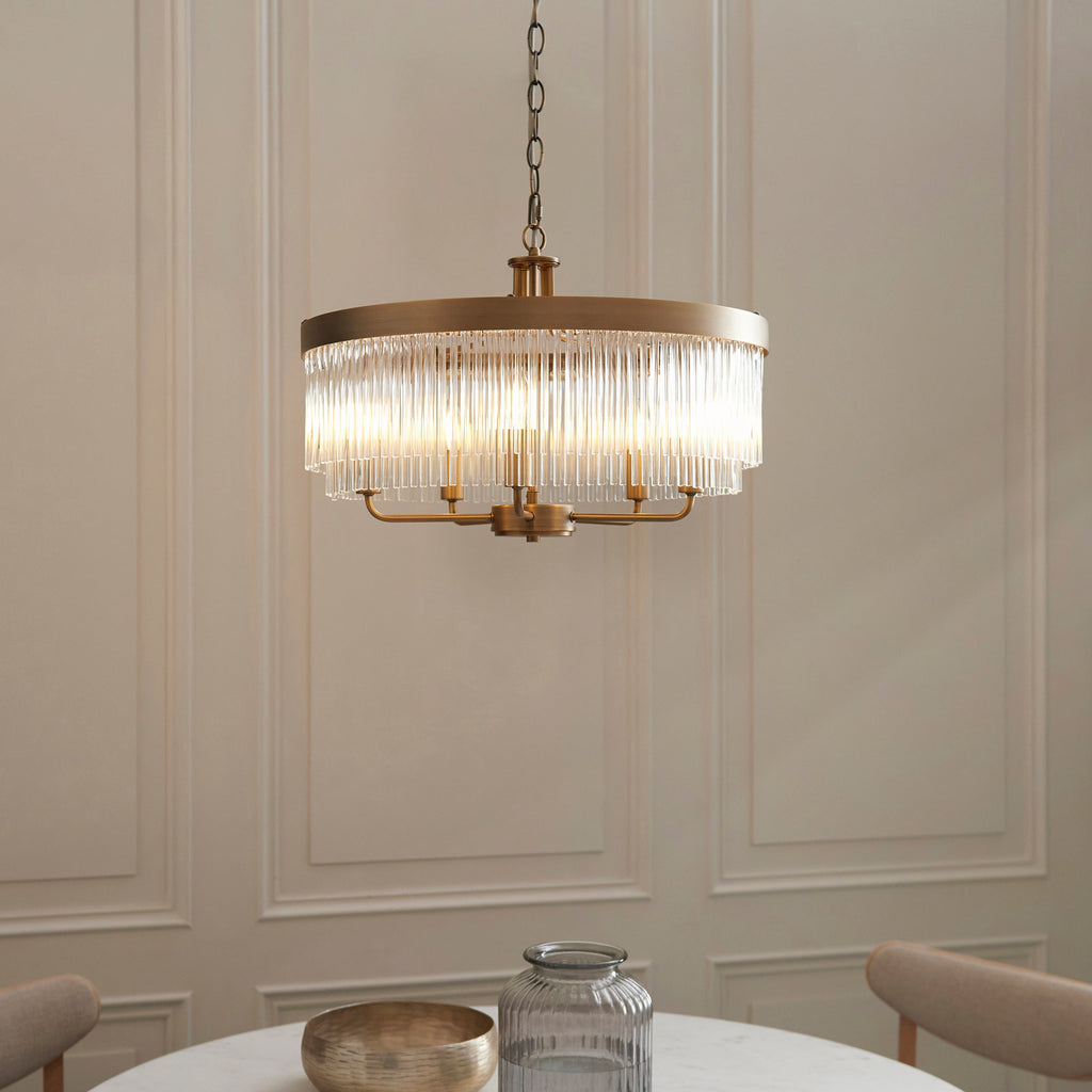 Lampadario in Ottone Clermont a 5 Luci - Aste di Vetro