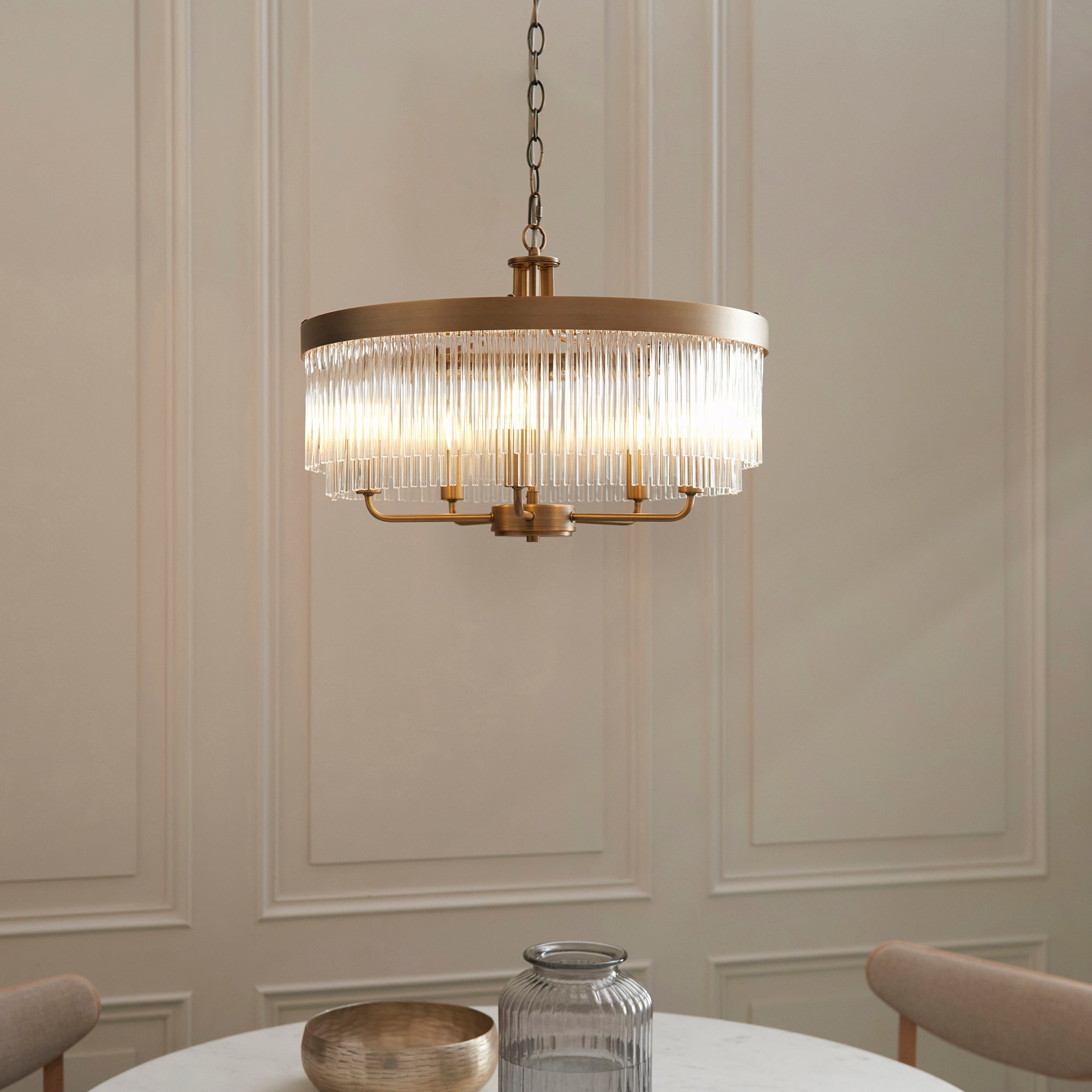 Lampadario in Ottone Clermont a 5 Luci - Aste di Vetro