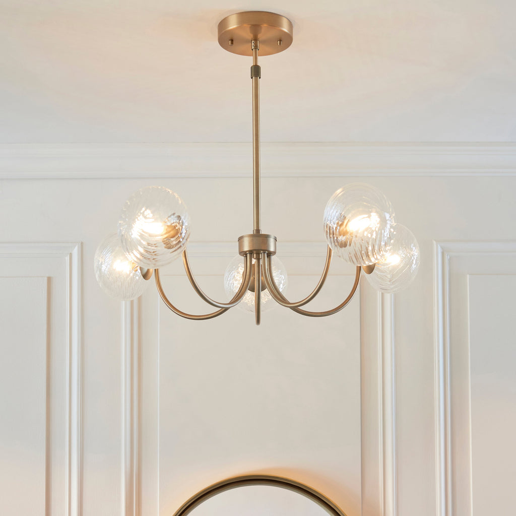 Lampadario in Ottone a 5 Luci Hague - Paralumi in Vetro