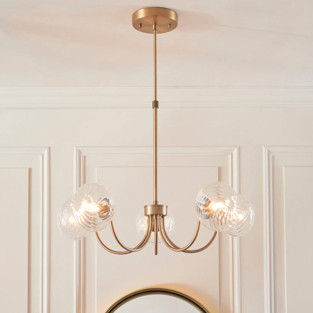 Lampadario in Ottone a 5 Luci Hague - Paralumi in Vetro