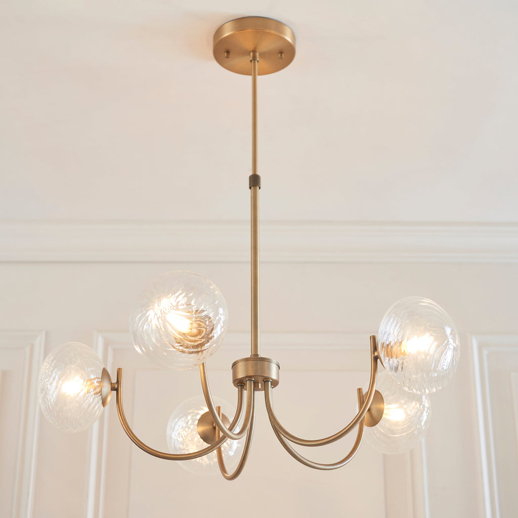 Lampadario in Ottone a 5 Luci Hague - Paralumi in Vetro