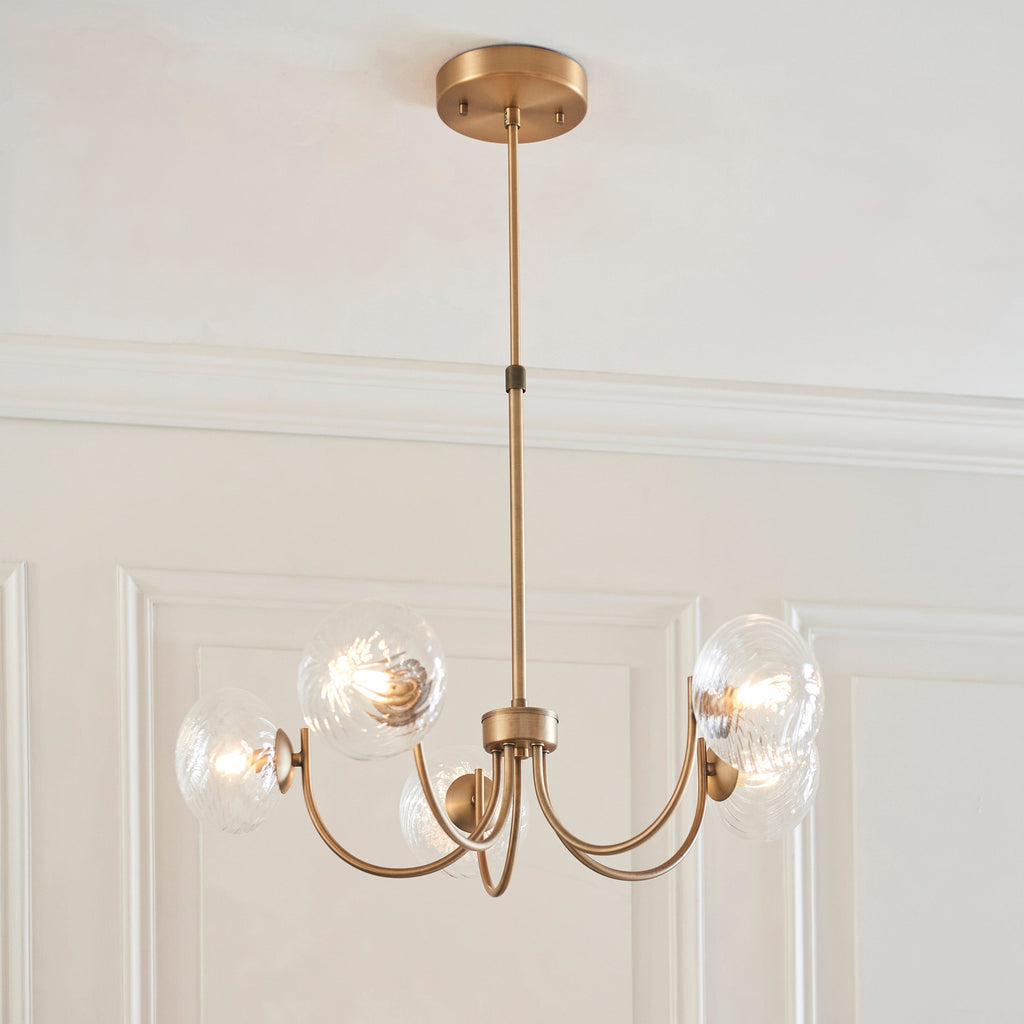 Lampadario in Ottone a 5 Luci Hague - Paralumi in Vetro