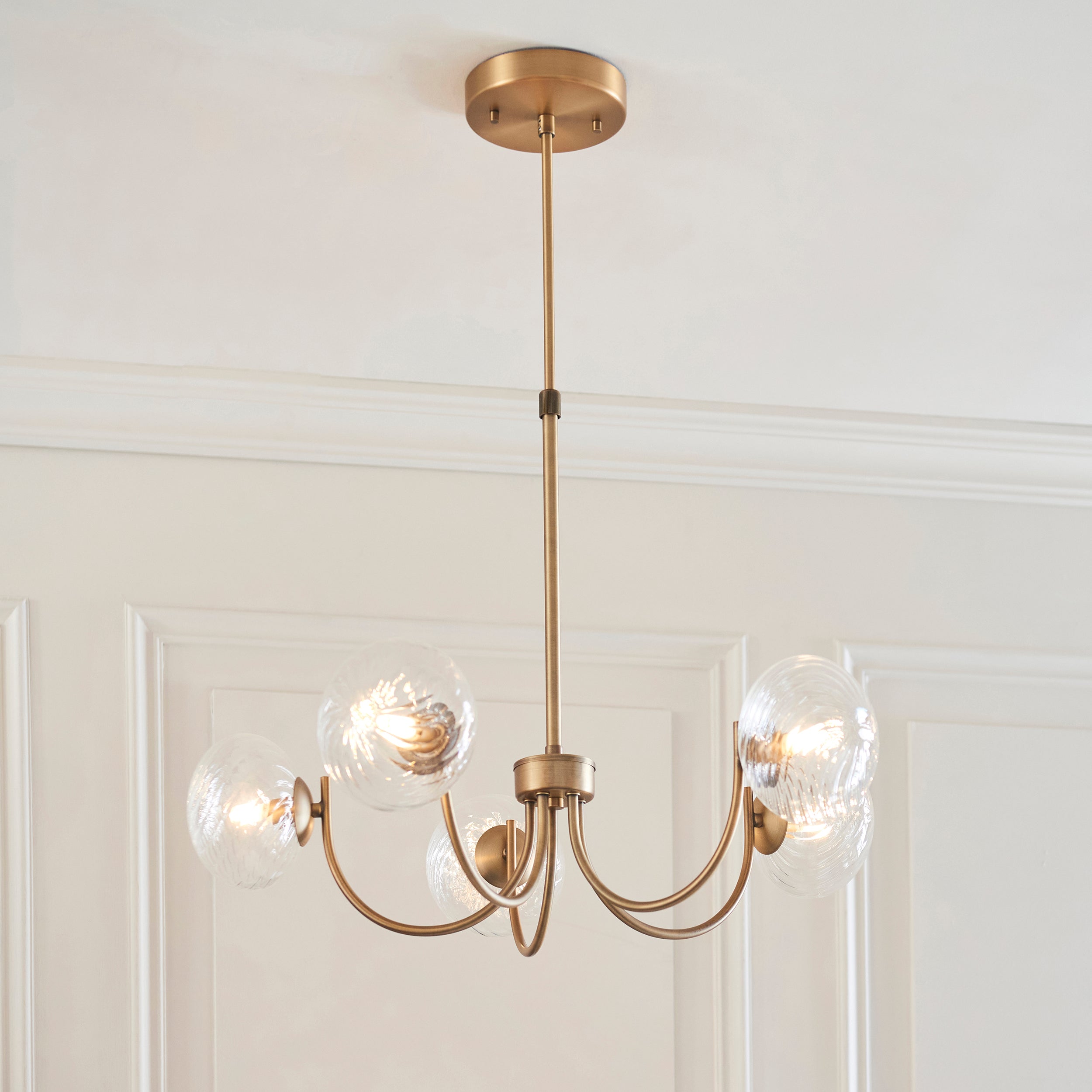 Lampadario in Ottone a 5 Luci Hague - Paralumi in Vetro