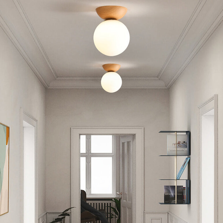 Lampada da soffitto a sfera di vetro | Design legno