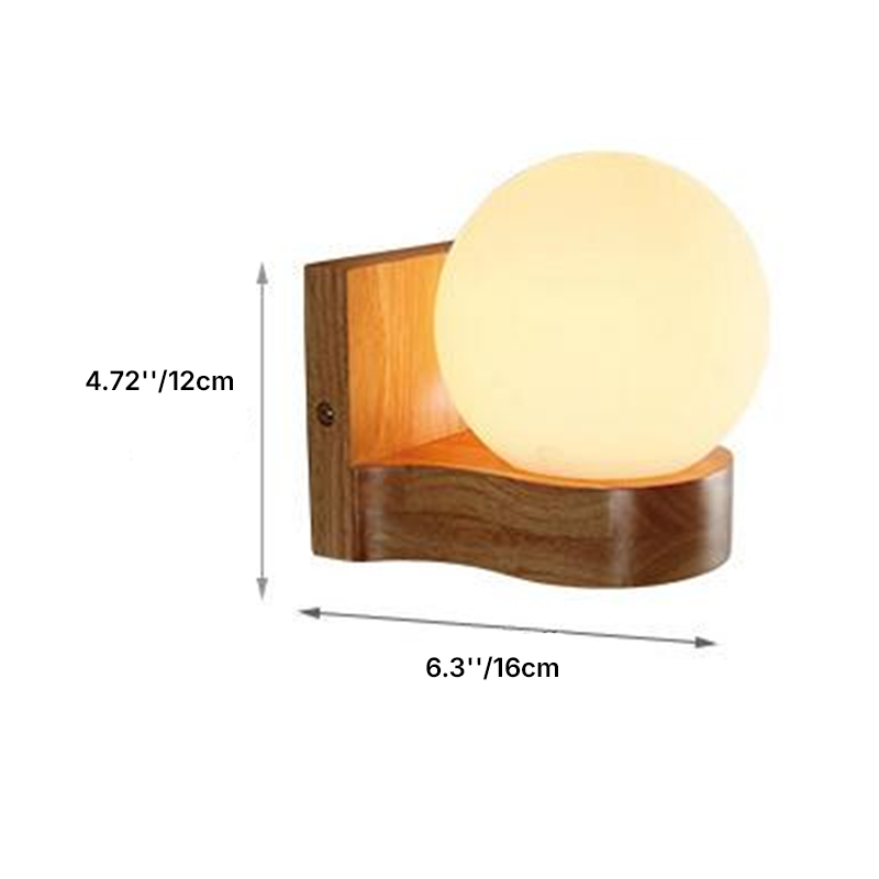 Applique da Parete in Vetro con Sfera in Legno di Gomma Nordico Contemporaneo 1/2 Luce per Camera da Letto