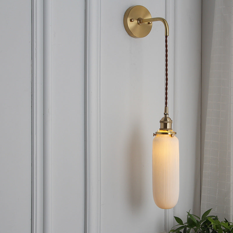 Applique da Parete Lampada in Ottone Lucite Minimalista Retro Giapponese a Cilindro Ovale con 1 Luce