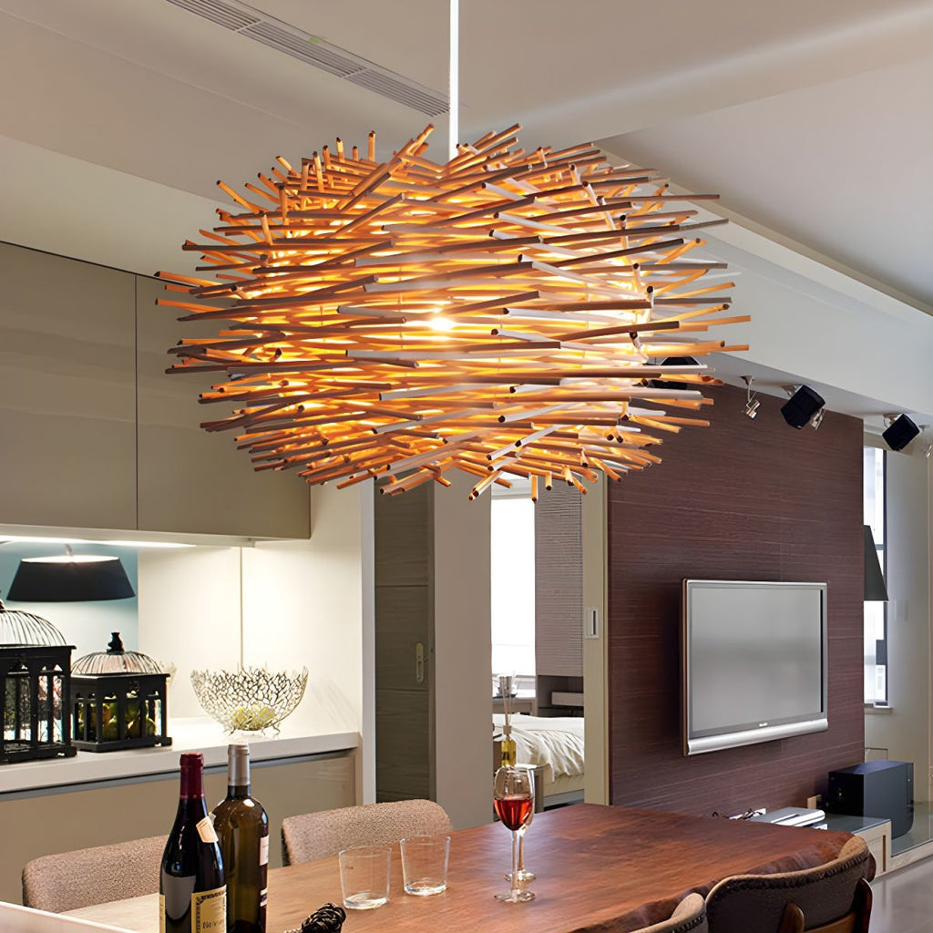 Lampade a Sospensione Muto Nido Uccelli Legno Rattan Marrone