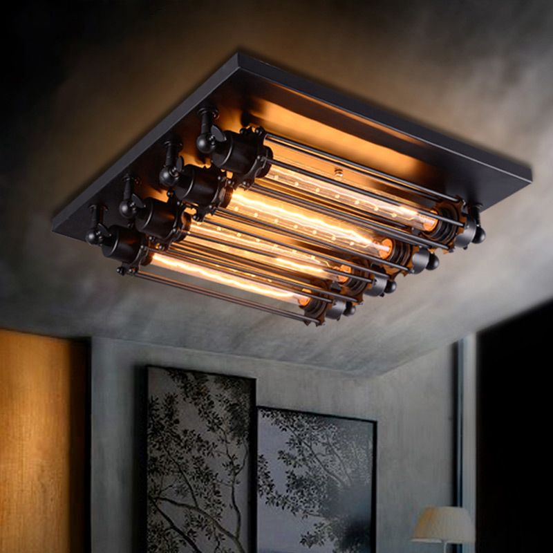 Lampada da soffitto vintage in metallo con tubi, nera, soggiorno
