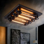 Lampada da soffitto vintage in metallo con tubi, nera, soggiorno