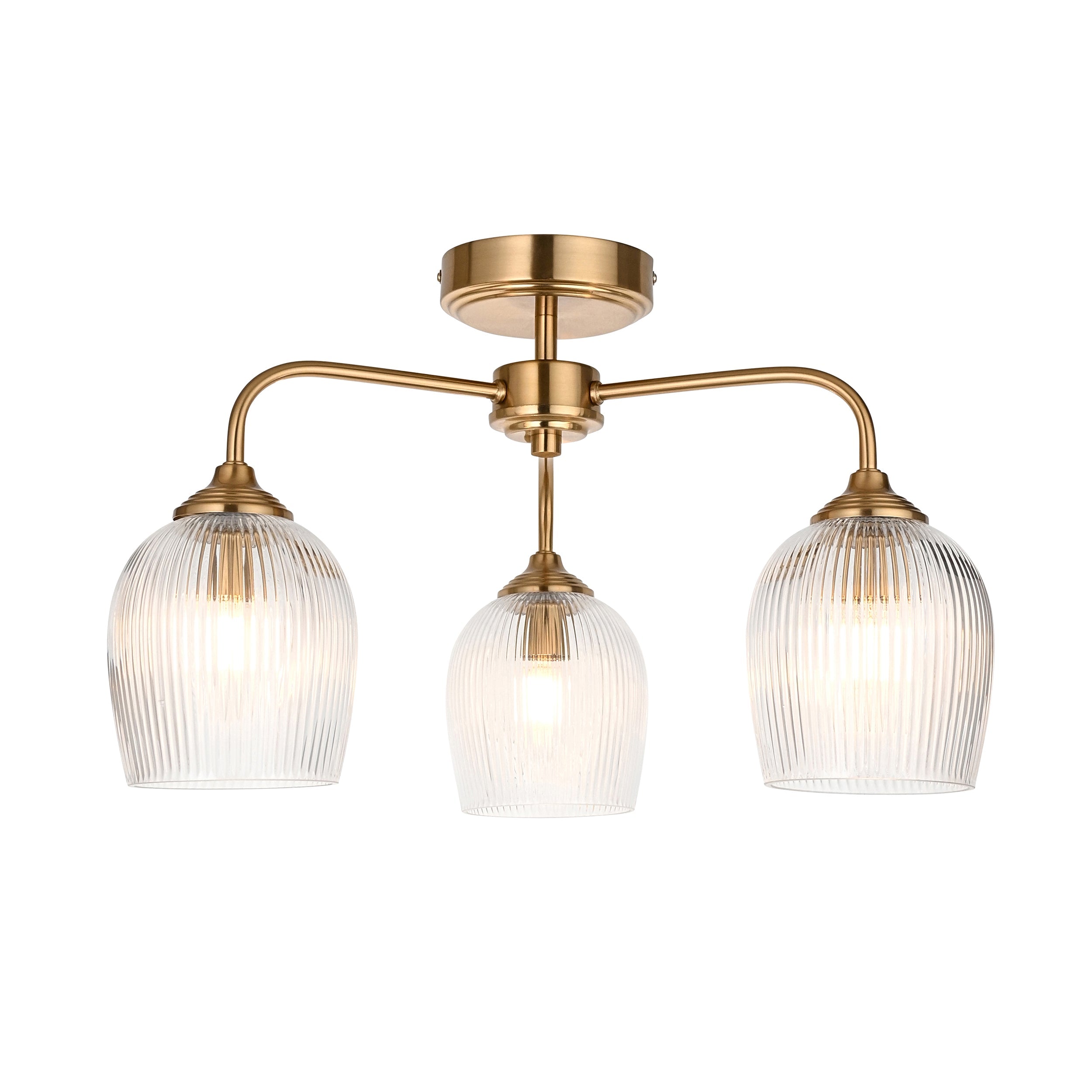Ashcroft Ottone 3 Luci Ottone Semi-Flussato - Paralumi in Vetro Rigato