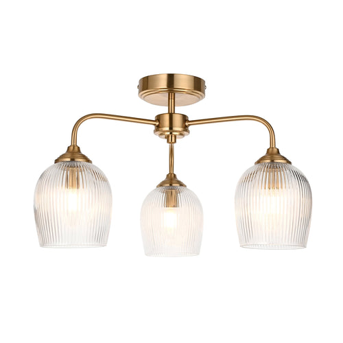 Ashcroft Ottone 3 Luci Ottone Semi-Flussato - Paralumi in Vetro Rigato