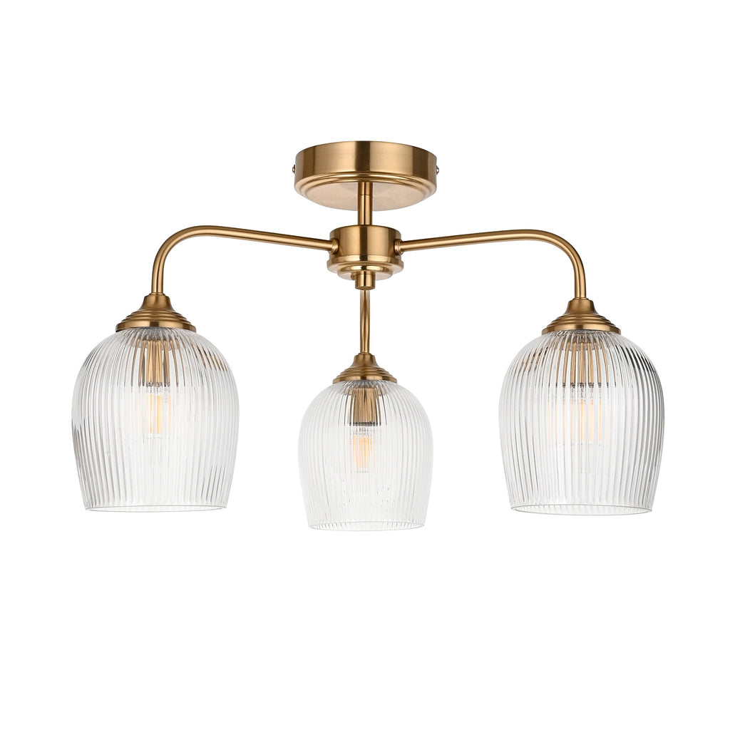 Ashcroft Ottone 3 Luci Ottone Semi-Flussato - Paralumi in Vetro Rigato