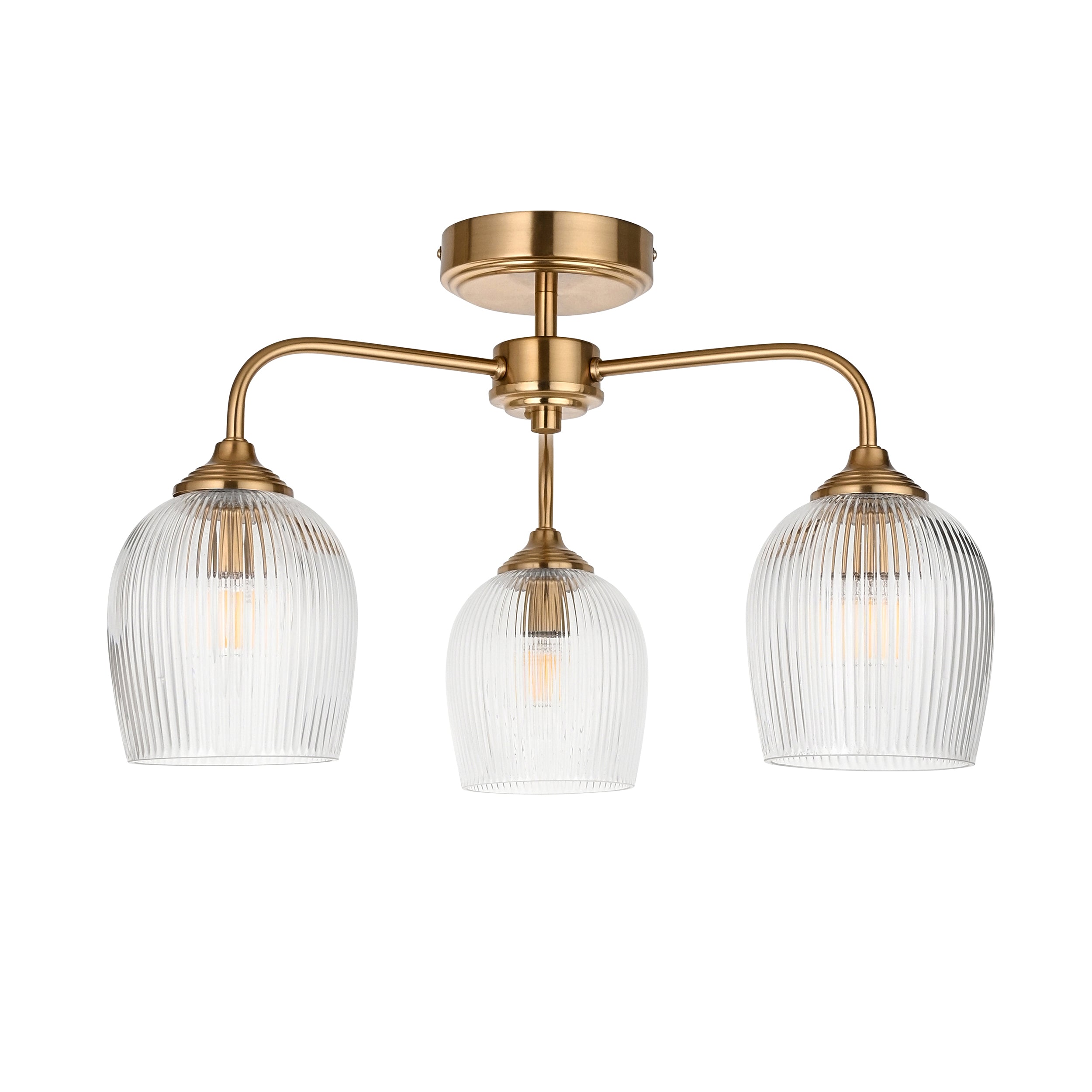 Ashcroft Ottone 3 Luci Ottone Semi-Flussato - Paralumi in Vetro Rigato