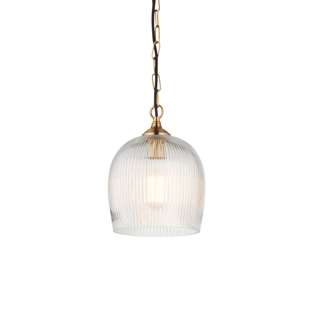 Lampadario in Ottone con Ombrello in Vetro Rigato Ashcroft