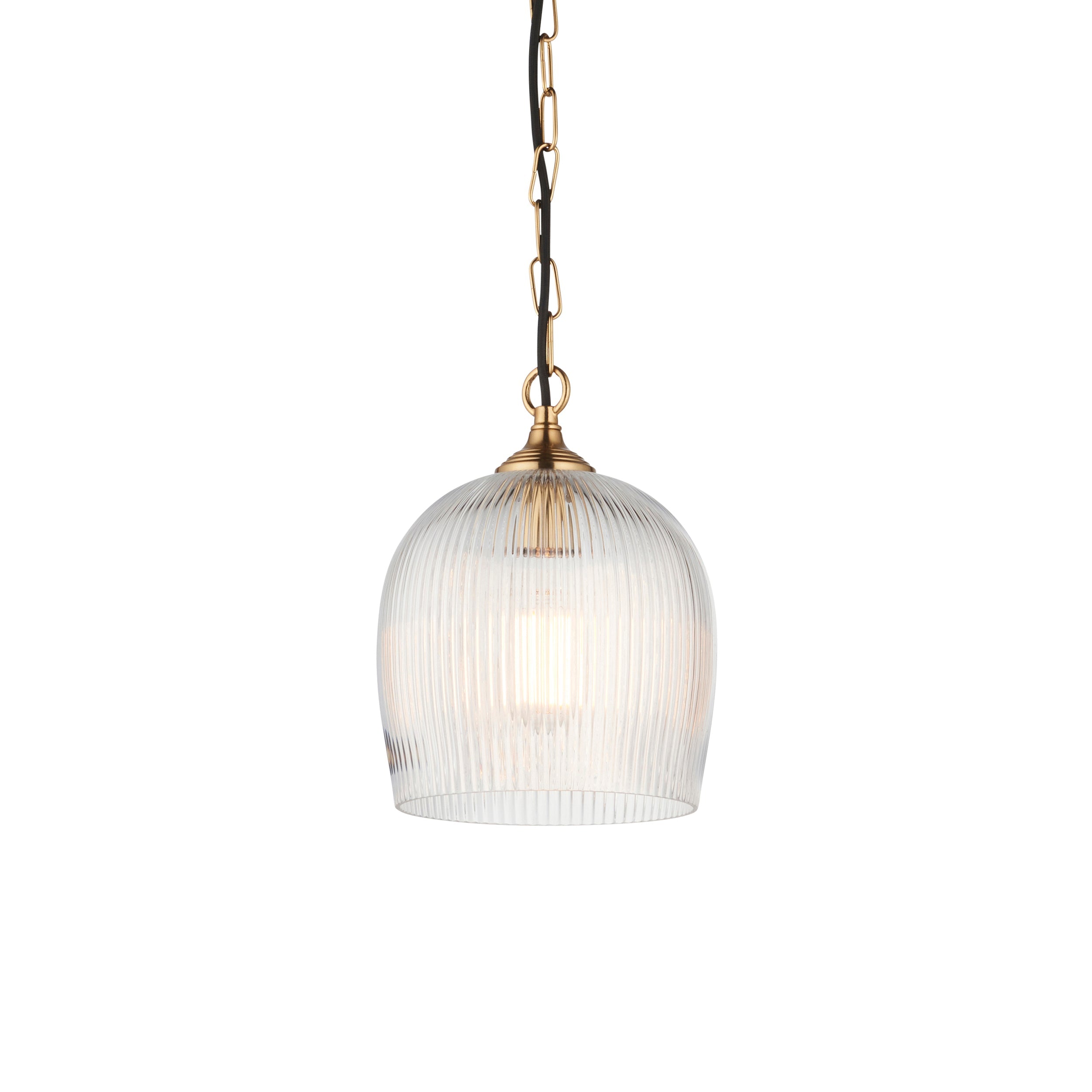 Lampadario in Ottone con Ombrello in Vetro Rigato Ashcroft