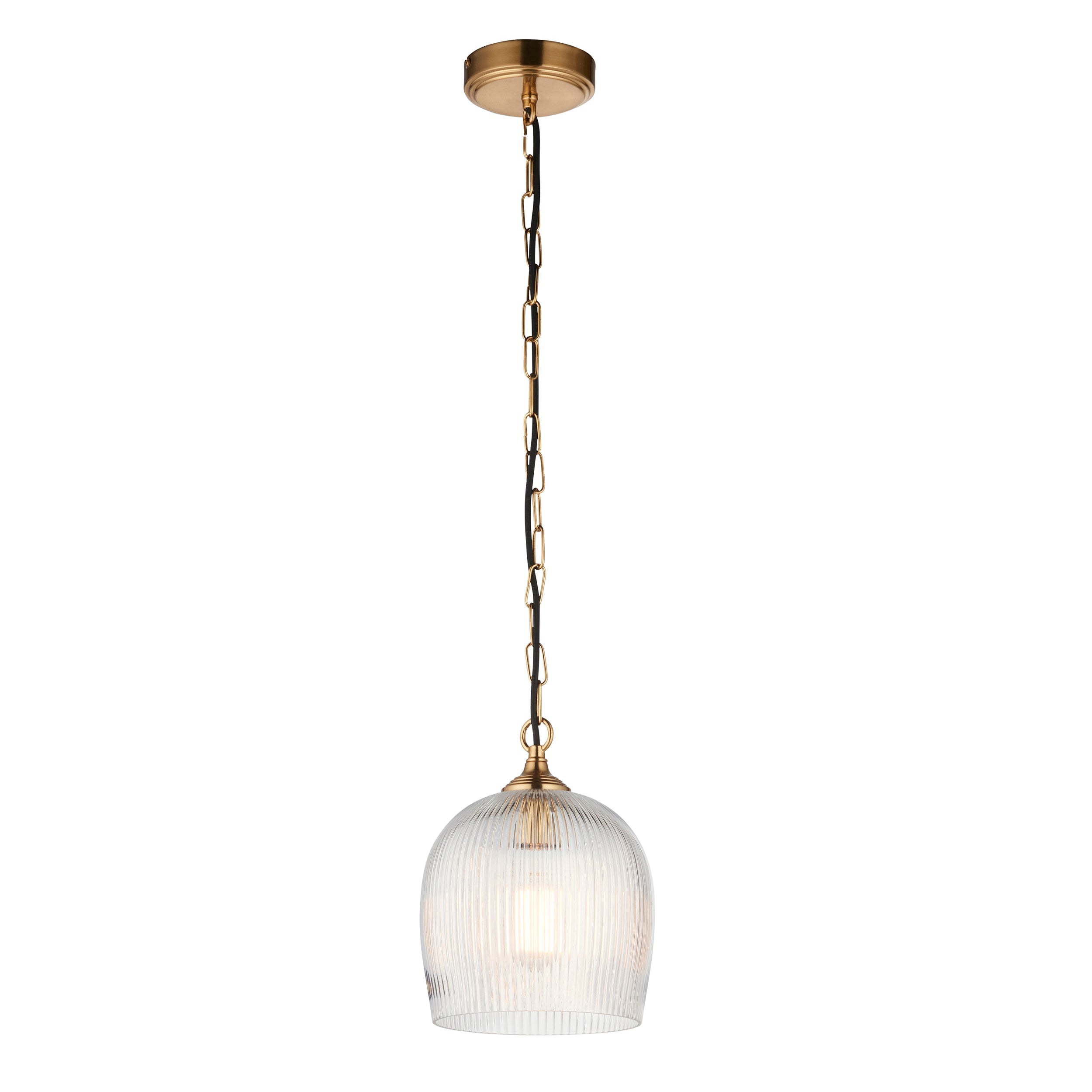 Lampadario in Ottone con Ombrello in Vetro Rigato Ashcroft