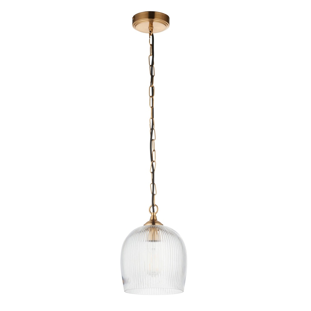 Lampadario in Ottone con Ombrello in Vetro Rigato Ashcroft