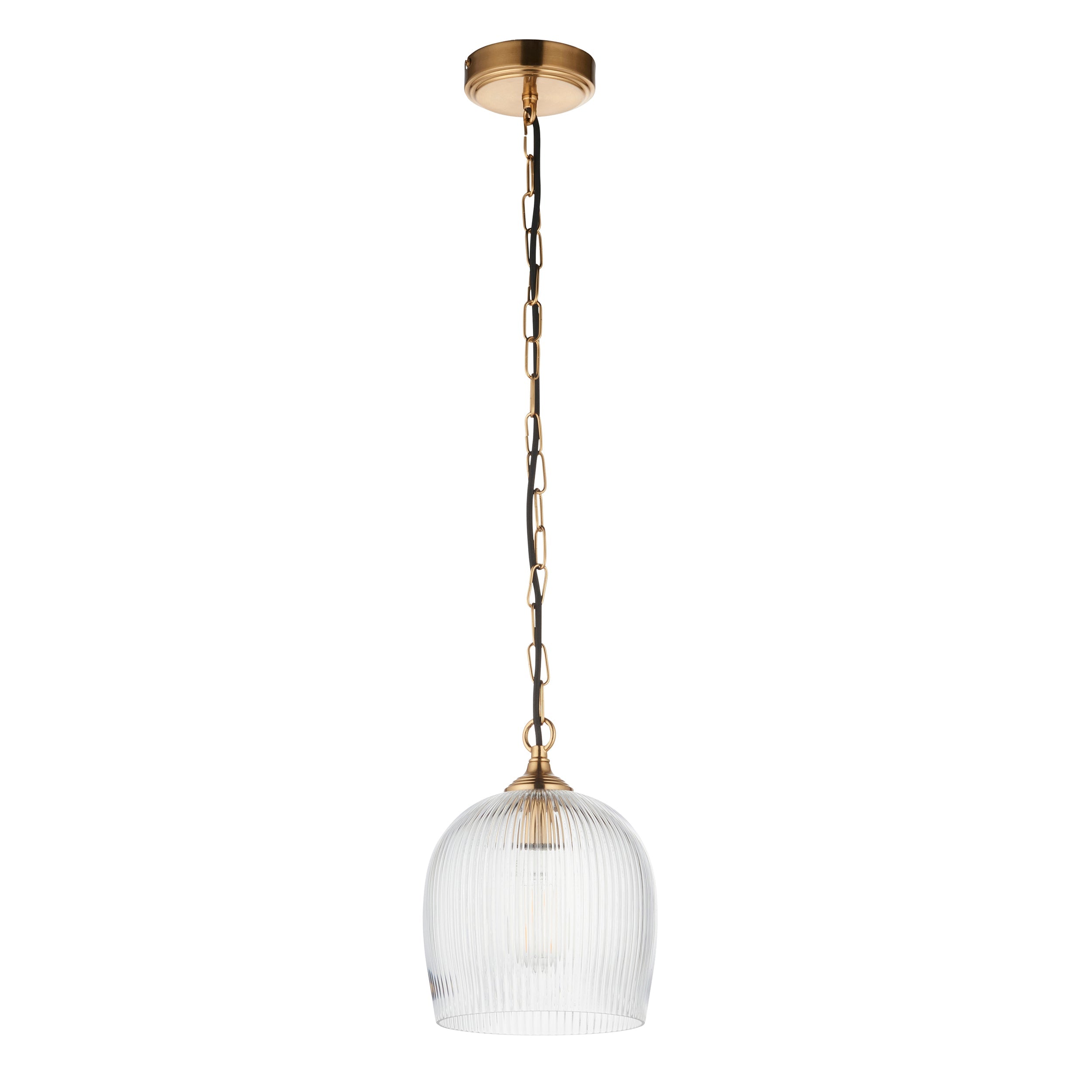 Lampadario in Ottone con Ombrello in Vetro Rigato Ashcroft