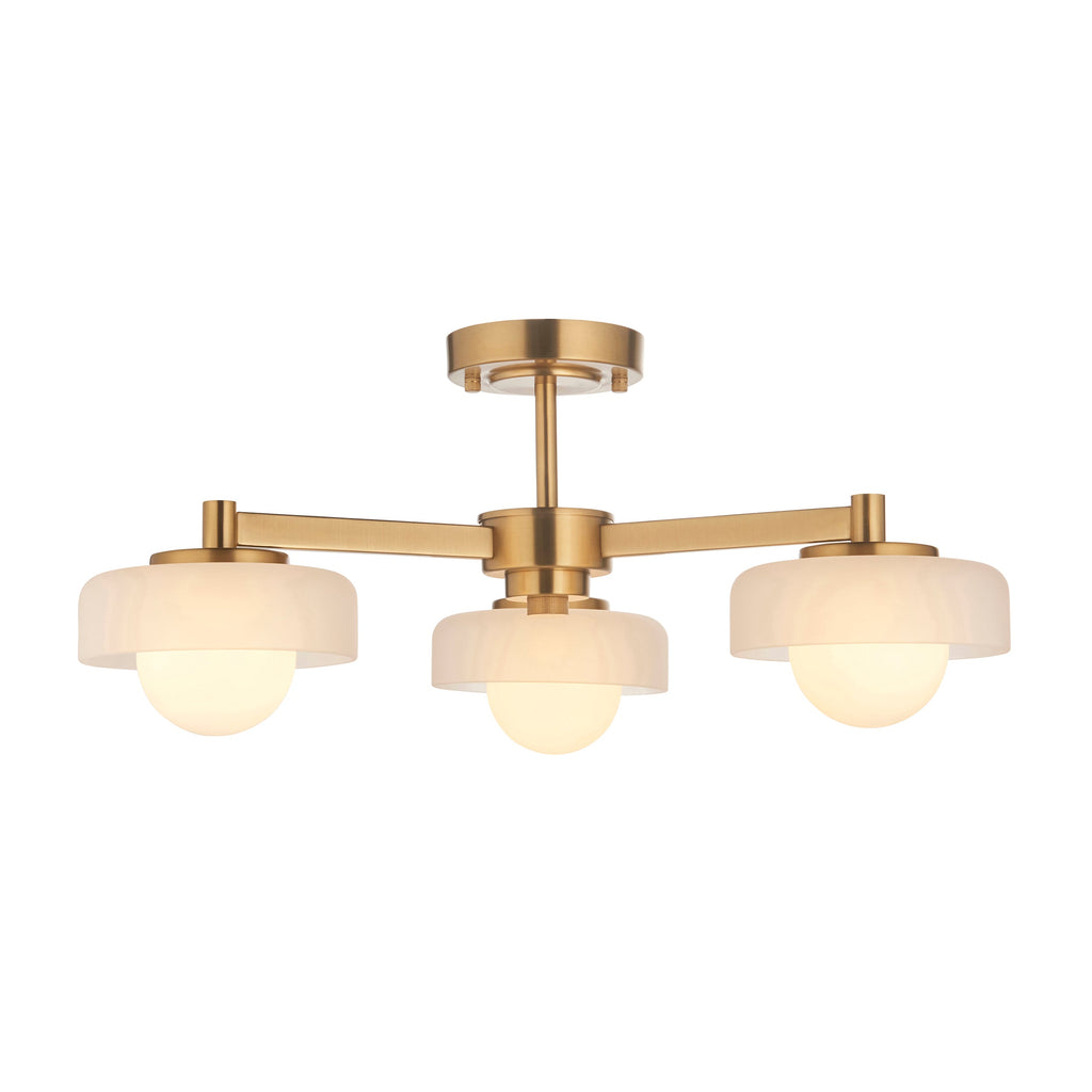 Lampadario in Ottone con 3 Luci e Paralumi in Vetro Opale