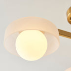 Lampadario in Ottone con 3 Luci e Paralumi in Vetro Opale