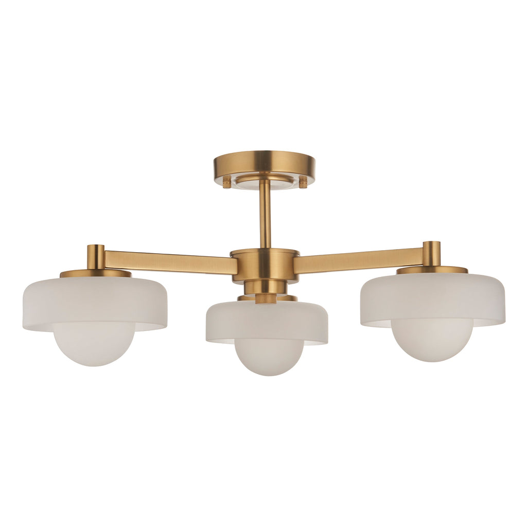 Lampadario in Ottone con 3 Luci e Paralumi in Vetro Opale