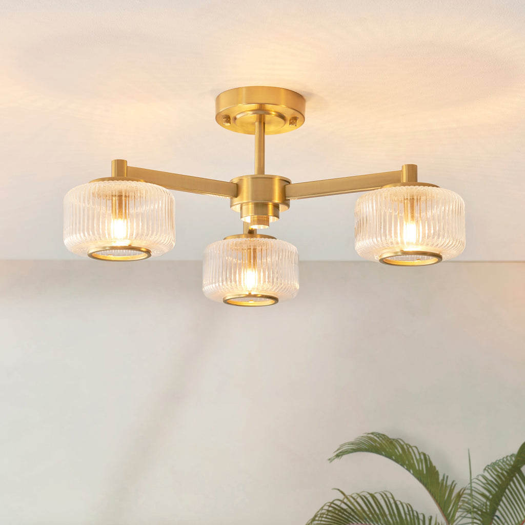 Stamford 3 Luci Ottone & Vetro Rigato Semi Flush