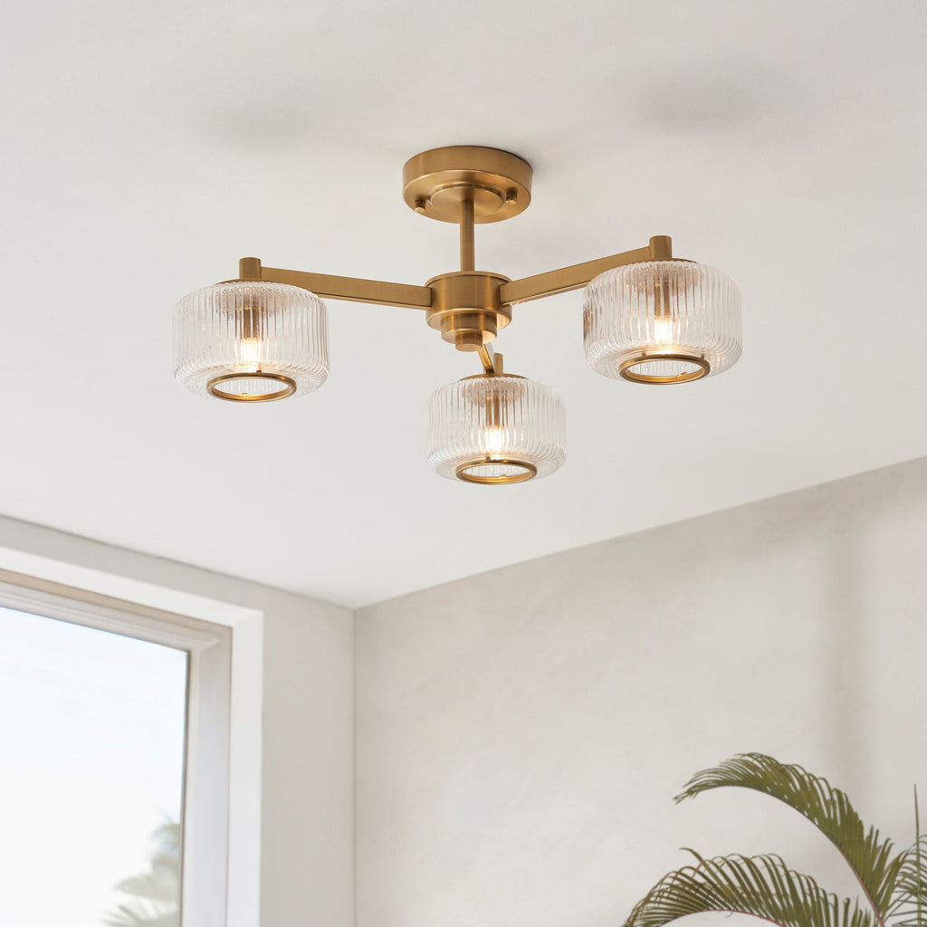 Stamford 3 Luci Ottone & Vetro Rigato Semi Flush