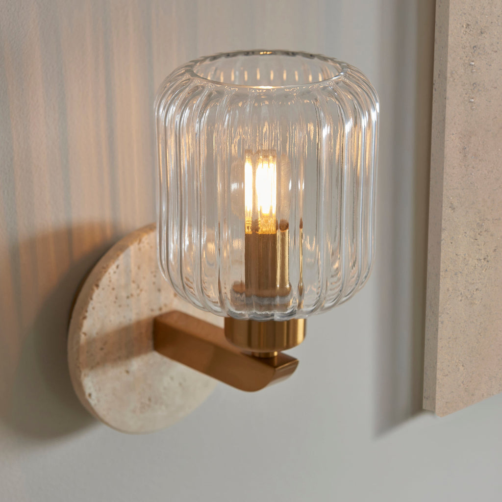 Applique in Pietra Travertino e Ottone - Ombrello in Vetro Striato