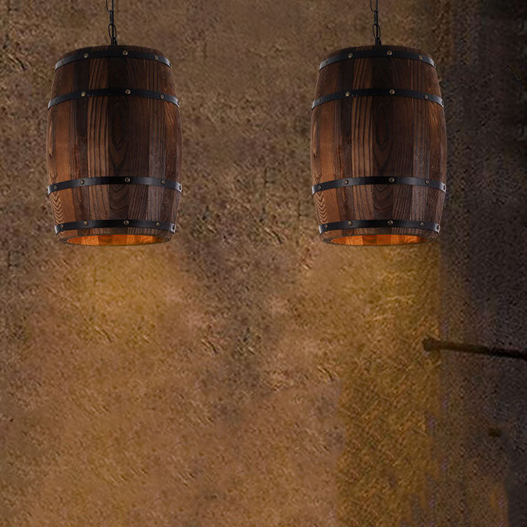 Lampadario Singolo a Barile in Ferro e Legno Rustico Tradizionale 1 Luce per Sala da Pranzo