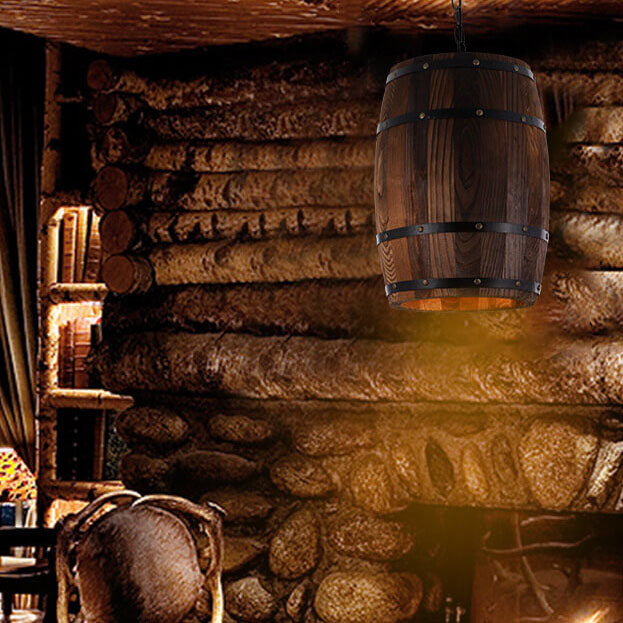 Lampadario Singolo a Barile in Ferro e Legno Rustico Tradizionale 1 Luce per Sala da Pranzo