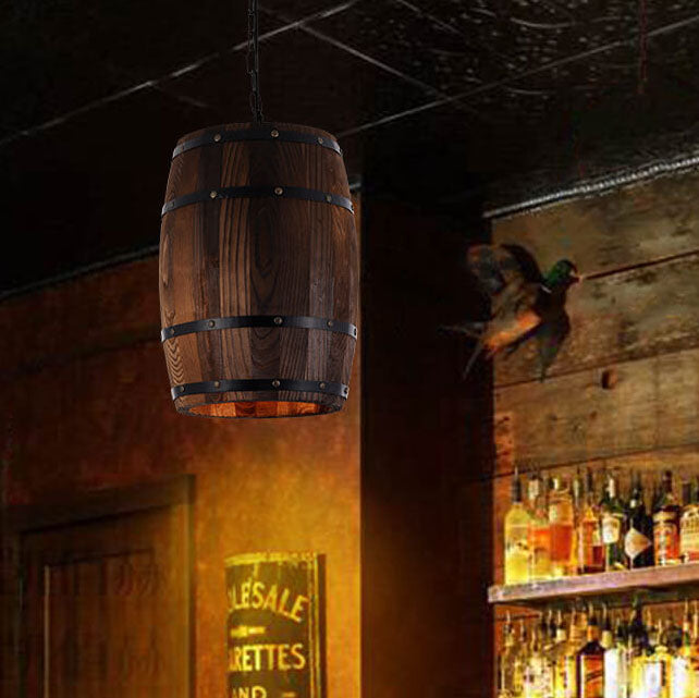 Lampadario Singolo a Barile in Ferro e Legno Rustico Tradizionale 1 Luce per Sala da Pranzo