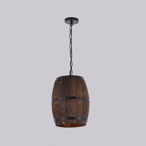 Lampadario Singolo a Barile in Ferro e Legno Rustico Tradizionale 1 Luce per Sala da Pranzo