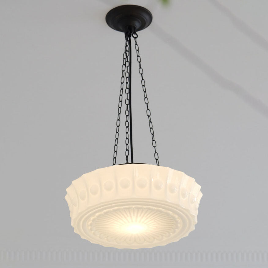 Tradizionale Lampada da Soffitto LED a Tamburo Rotondo in Ferro e Vetro Strisce per Soggiorno e Camera da Letto