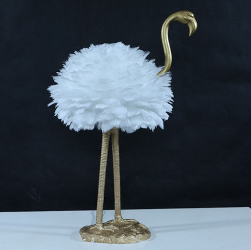 Lampada da tavolo in metallo a forma di fenicottero con piume d'oca nordico contemporaneo, 1 luce per comodino