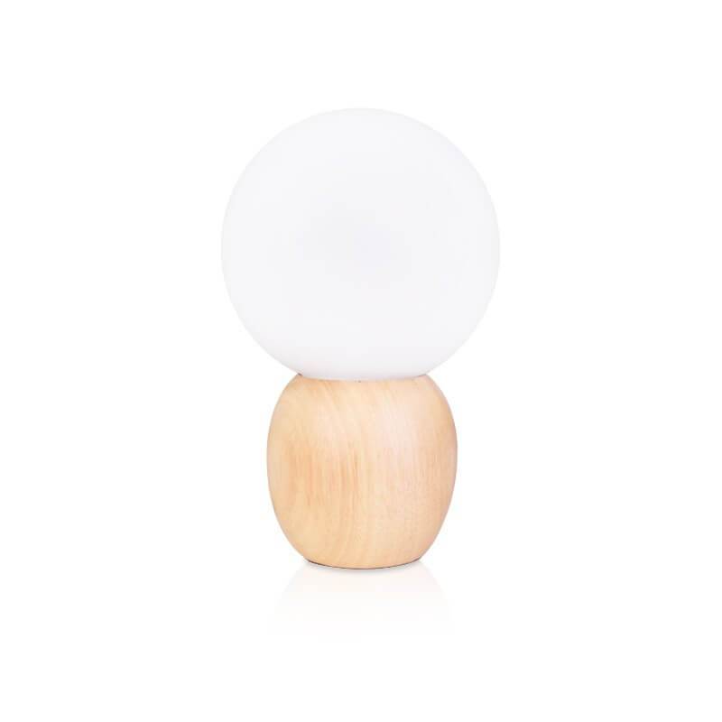 Lampada da Tavolo a Sfera in Vetro Bianco Latte in Legno Massello Nordico con 1 Luce
