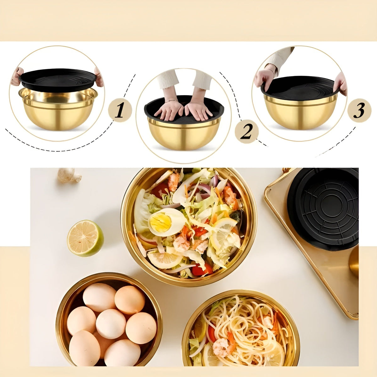 Set di ciotole da mescolare in oro da 14 pezzi – elegante e pratico | Ideale per mescolare, cuocere e servire