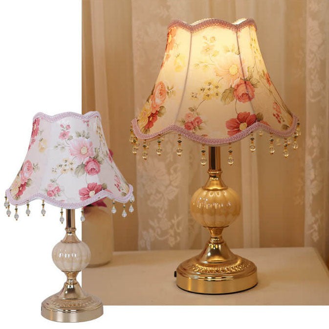 Lampada da Tavolo Tradizionale Vintage in Tessuto Floreale con Placcatura in Vetro per Camera da Letto