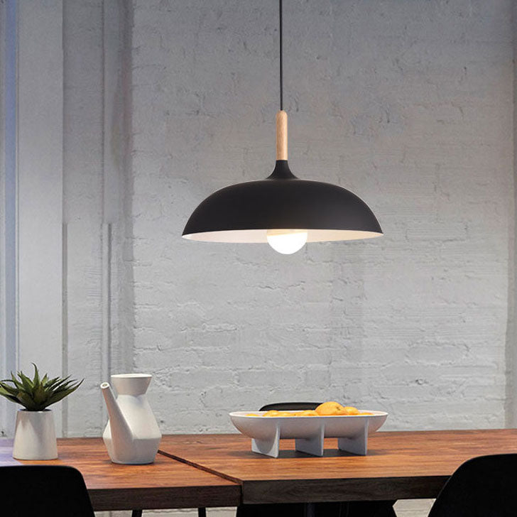 Lampada a sospensione a cupola in metallo e legno minimalista moderna con 1 luce per sala da pranzo e soggiorno