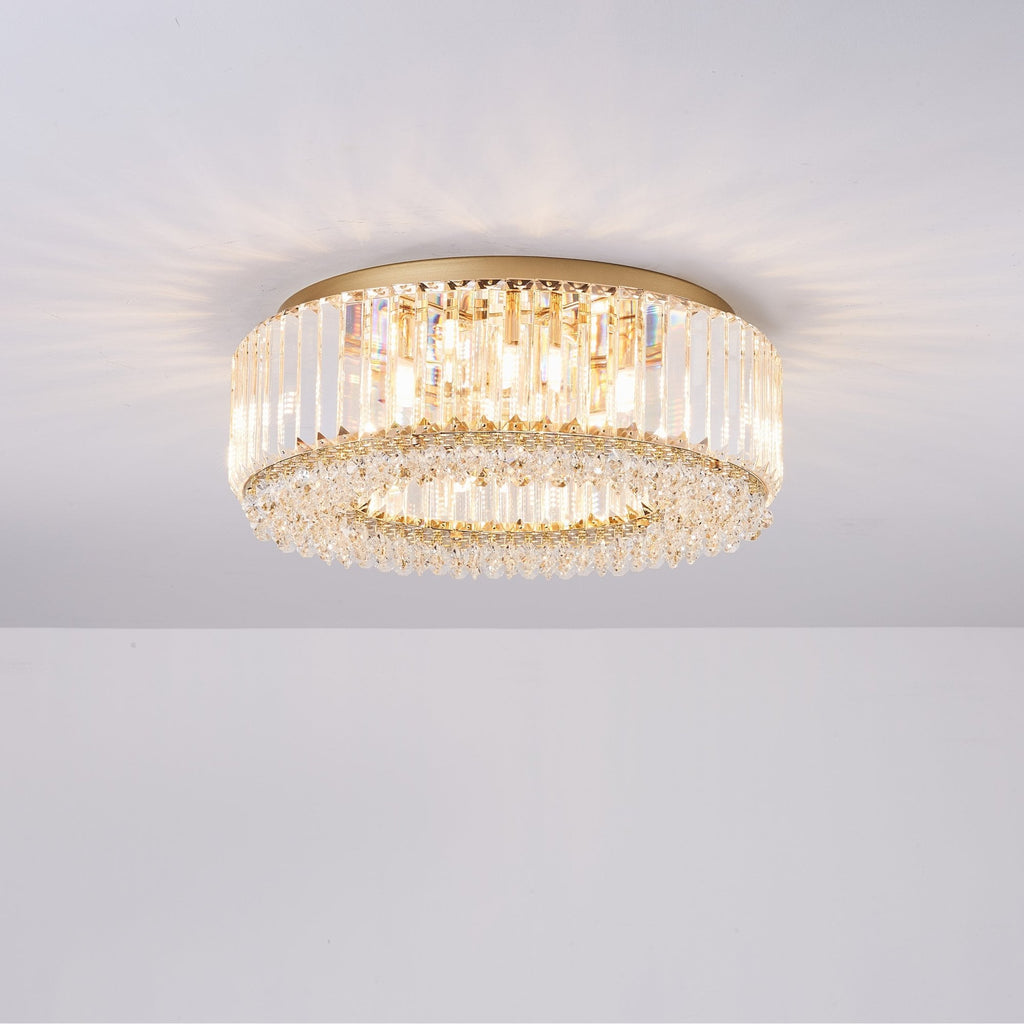 Lampadario Rotondo a Soffitto con 8 Luci in Oro e Cristallo