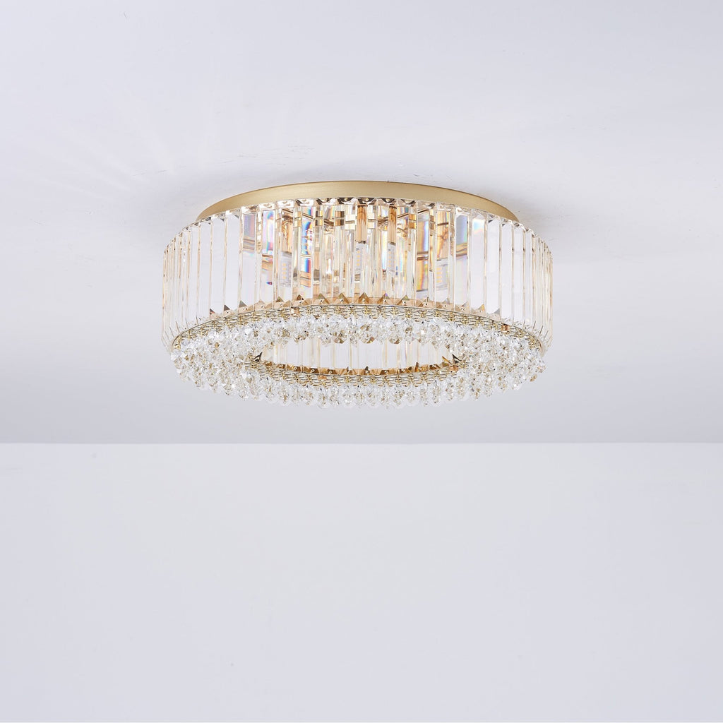 Lampadario Rotondo a Soffitto con 8 Luci in Oro e Cristallo